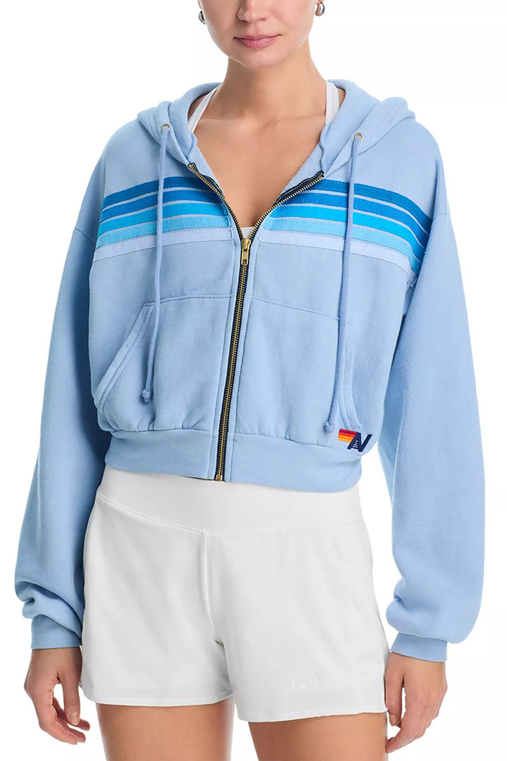 AVIATOR NATION - 5 Stripe Cropped Zip Hoodie Relaxed in Ice/Ice