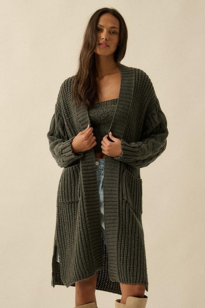 Promesa USA - Solid Rib Knit Open Front Cable Knit Cardigan in Charcoal