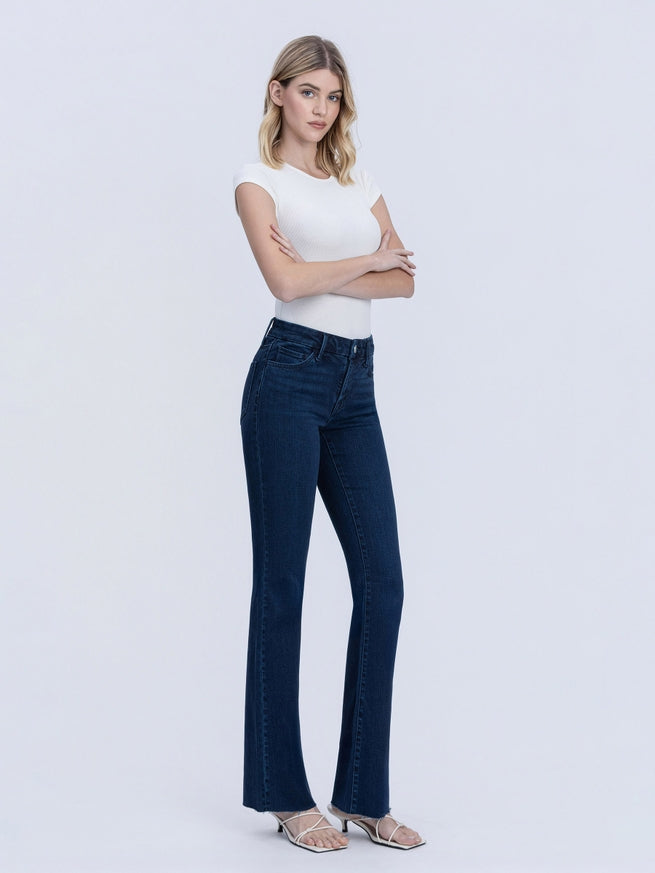 FLYING MONKEY - Mid Rise Raw Hem Dark Wash Tinted Bootcut Jeans