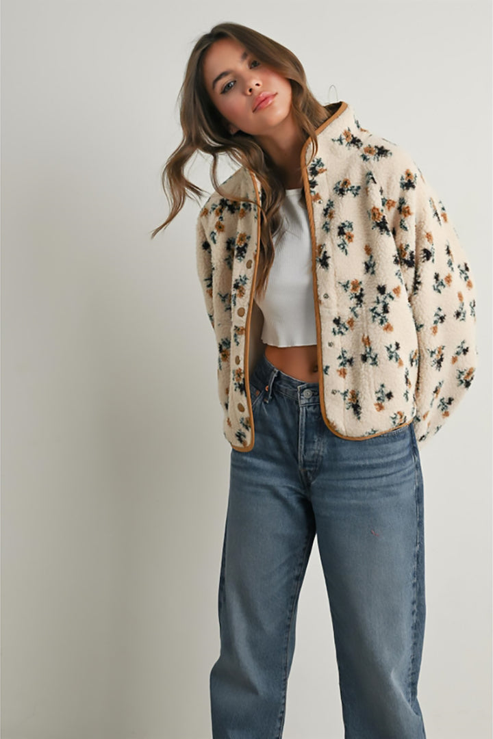 BUTTERMELON - Floral Print Fluffy Fleece Jacket