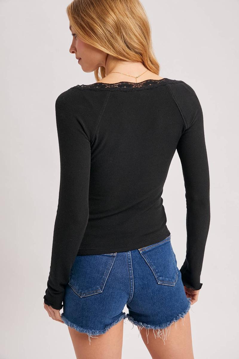 Bluivy - Lace Trim Button Down Henley Top in Black