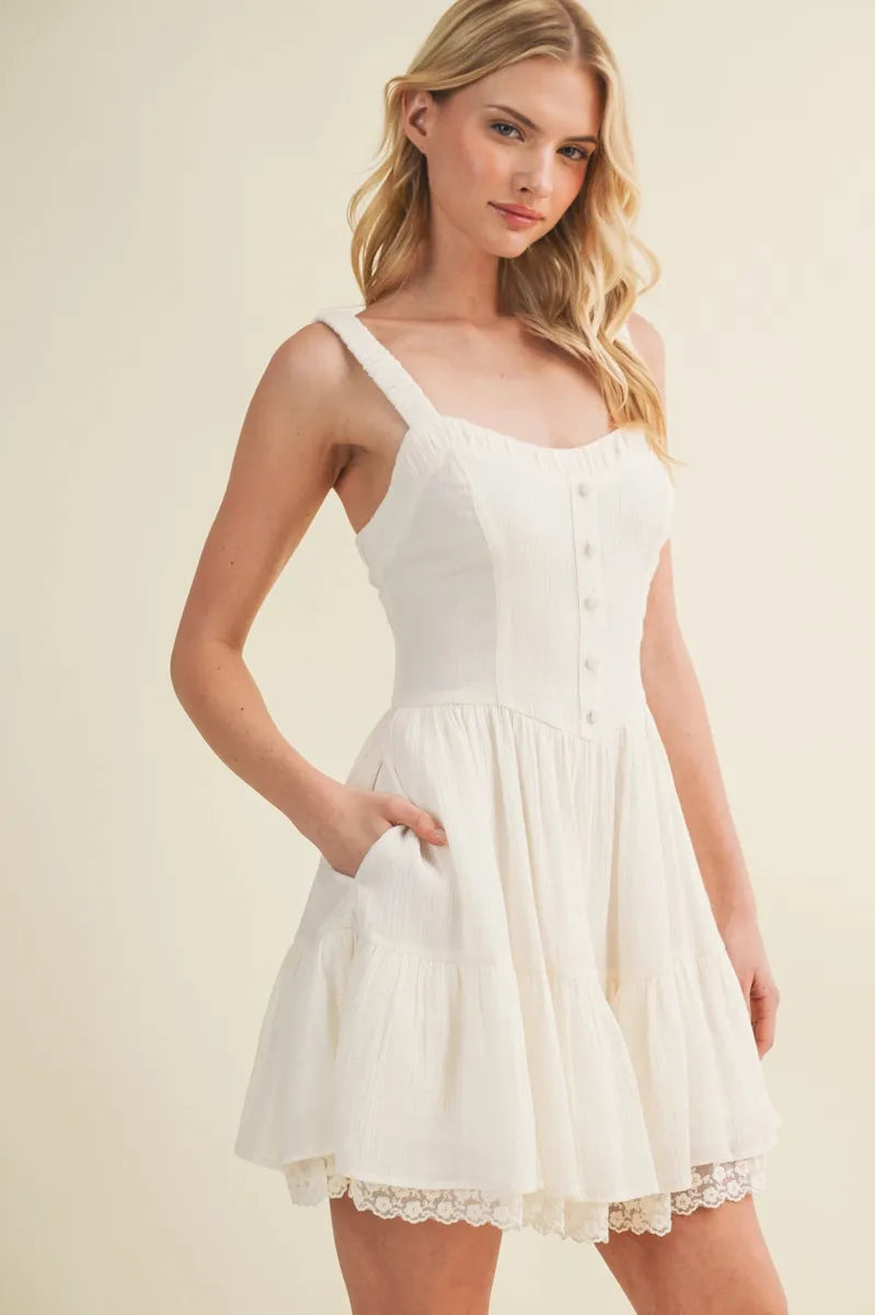 Mustard Seed - Button Corset Tiered Lace Hem Dress in Vanilla