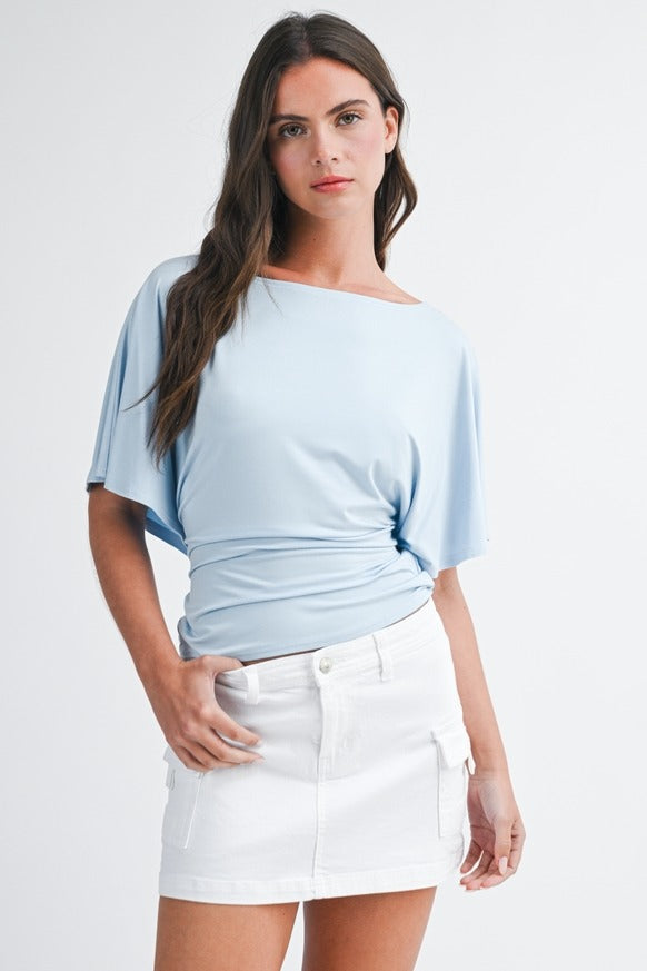 AEMI + CO - Draped Short Sleeve Back Tie Top