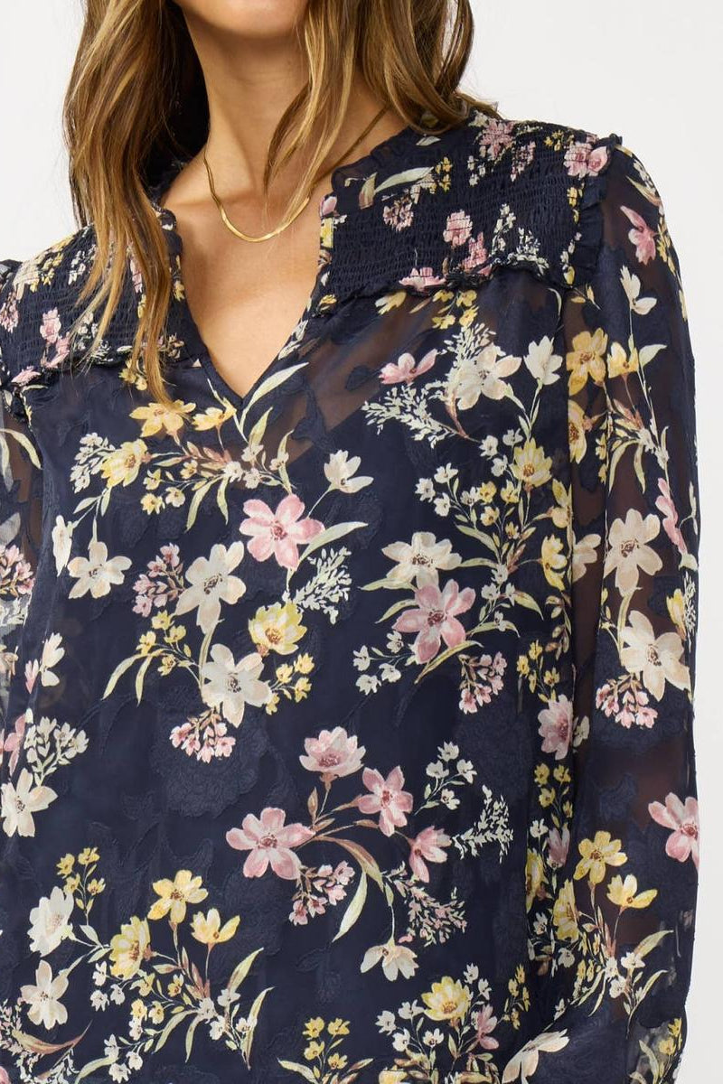 Lovestitch - Smocked Yoke Ruffle Blouse Navy Combo
