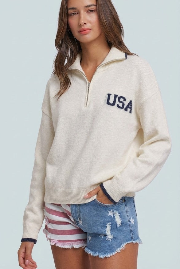 Urban Daizy - Americana Flag Quarter-Zip Knit Sweater