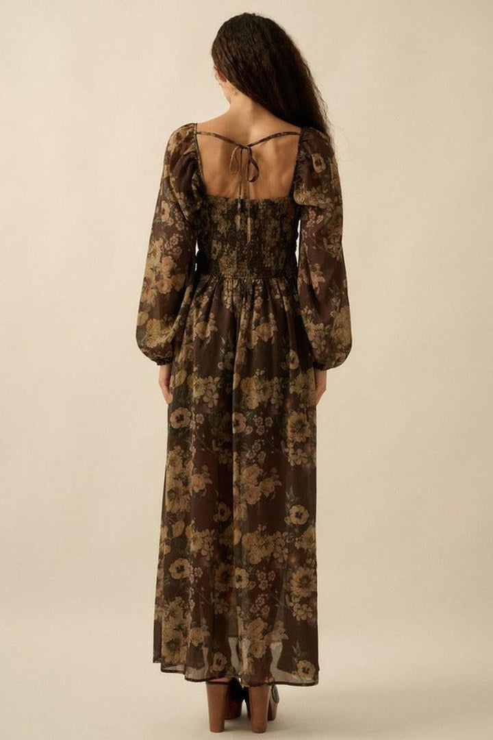 Promesa USA - Floral-Print Vlevet-Trimmed Maxi Peasant Dress in Chocolate