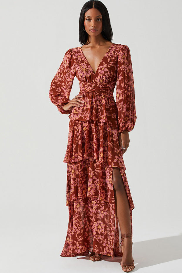 Astr - Anora Floral Tiered Maxi Dress in Rust Floral