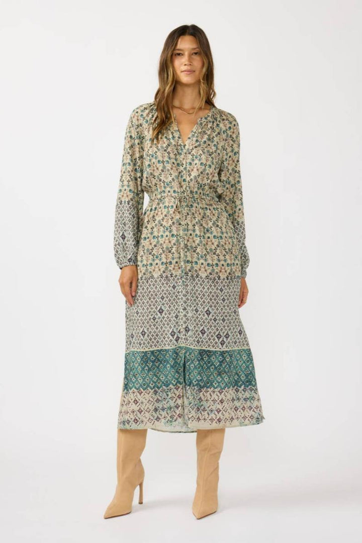 Lovestitch - Border Print Button Down Midi Dress in Dusty Teal