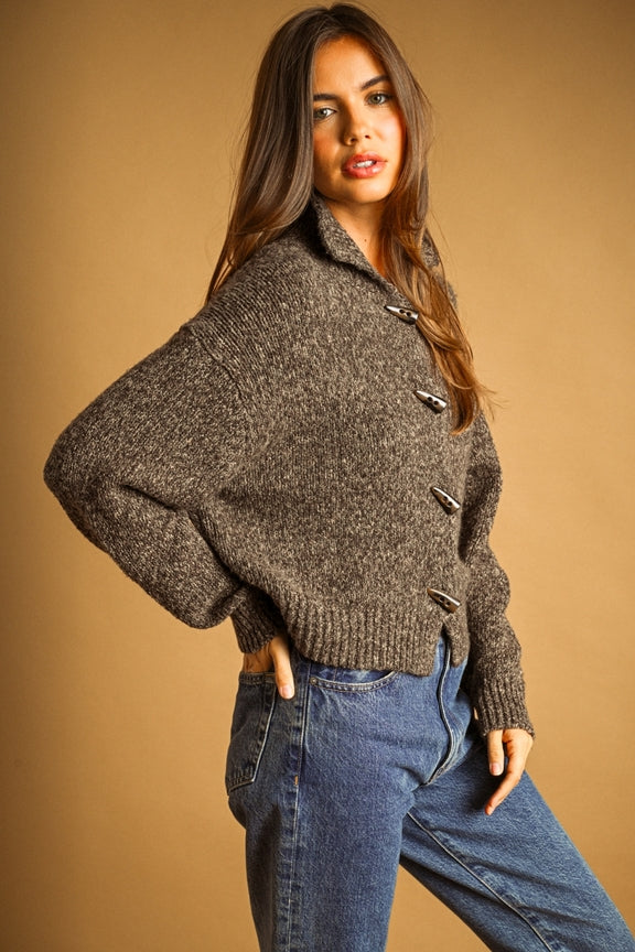 MIOU MUSE - Two Tone Sweater Cardigan with Toggle Button