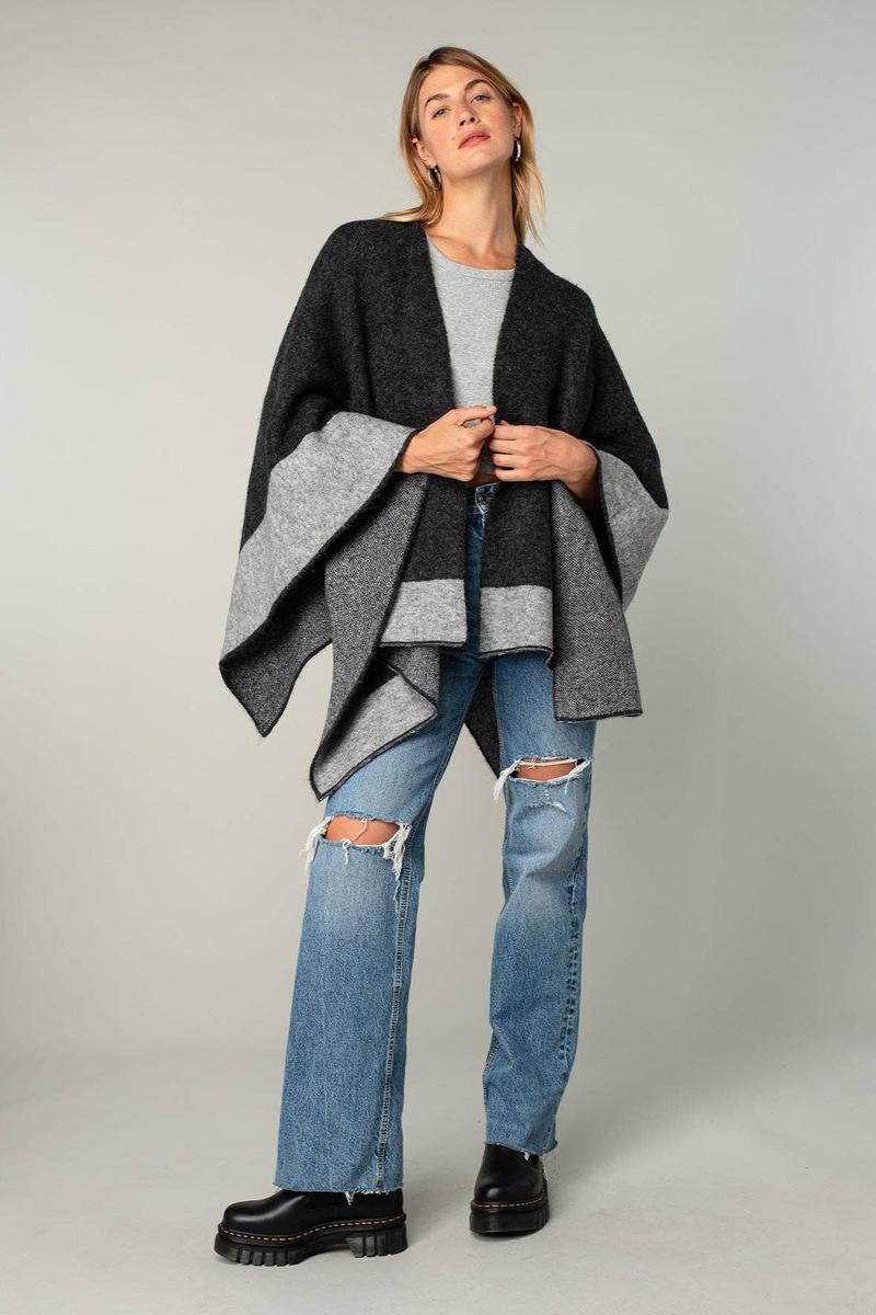 Lovestitch - Relaxed Color Block Cape Cardigan Poncho in Charcoal