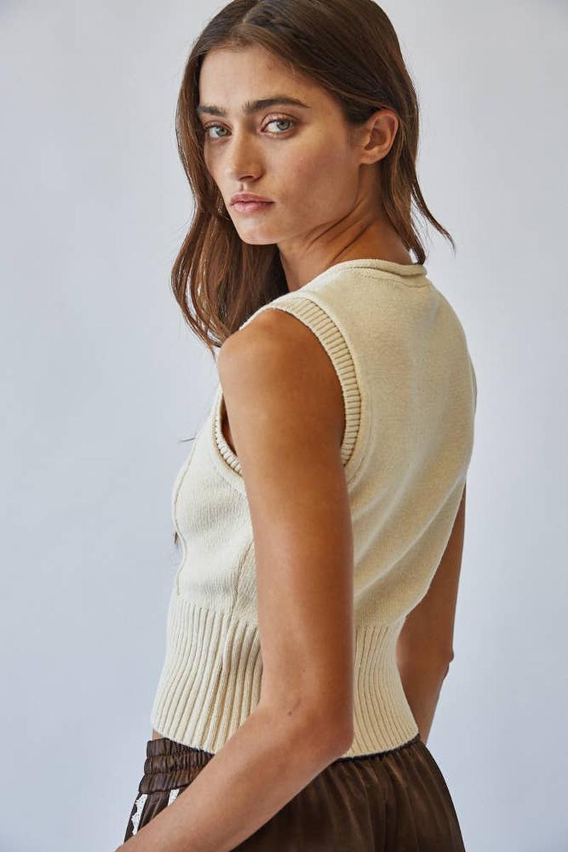 Creamon - Natural Roll Up Neck Sweater Vest Top