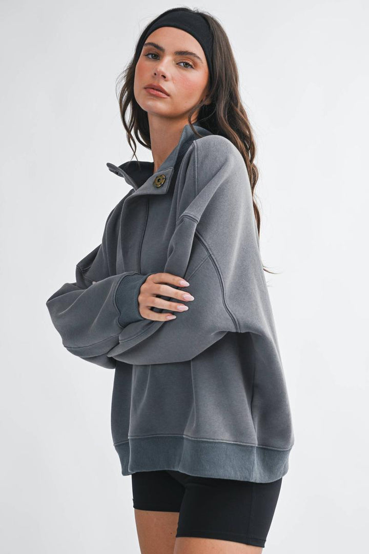 AEMI + CO - Oversized Snap Neck Pullover Sweatshirt in Charcoal