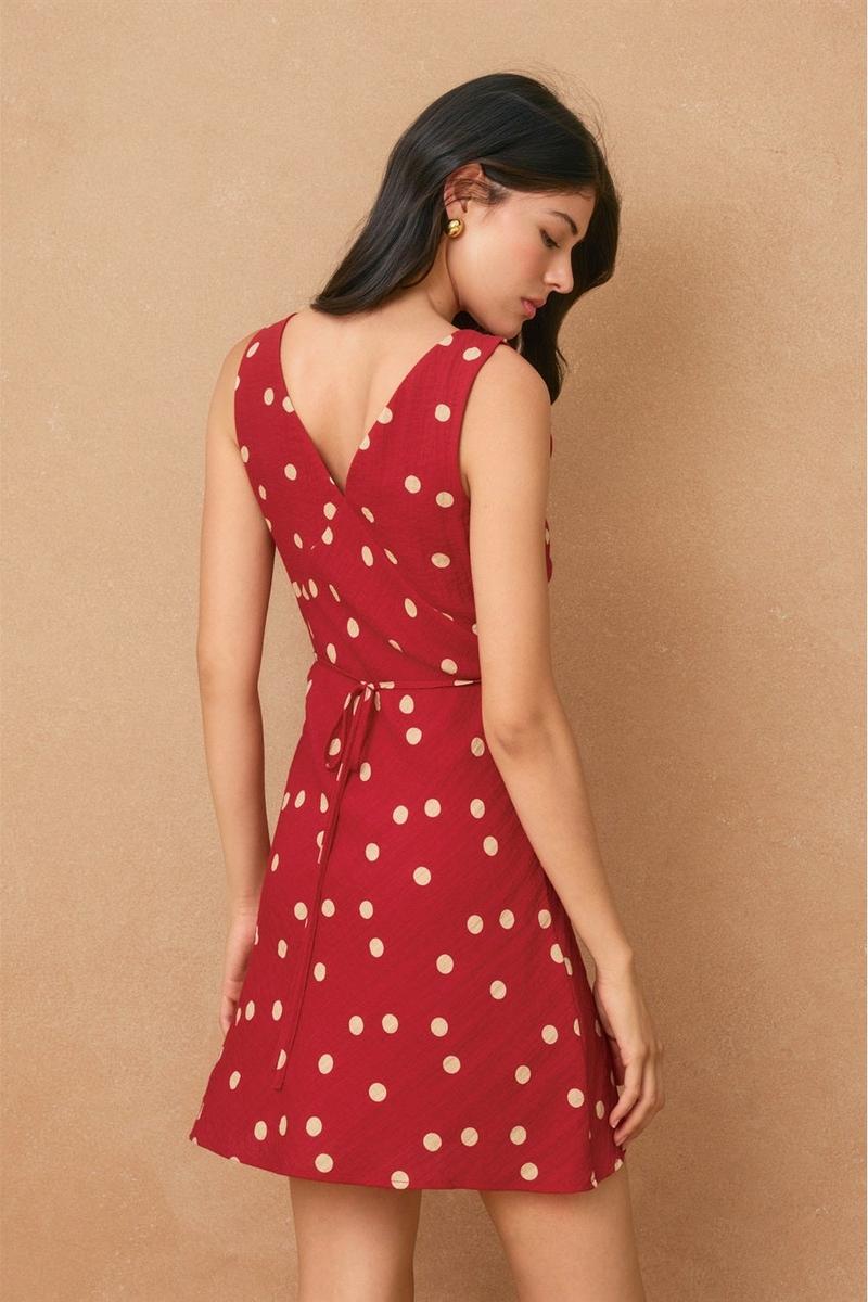 Dress Forum - Polka Dot V Neck Shirred Bust Mini Dress in Red/Ivory