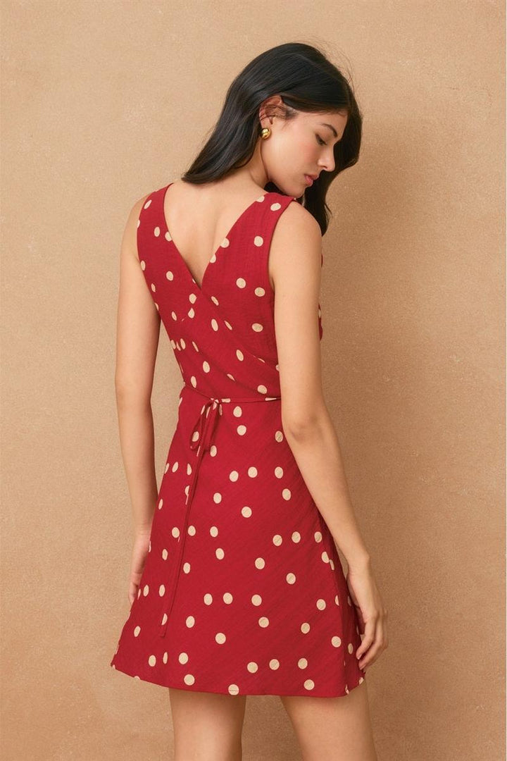 Dress Forum - Polka Dot V Neck Shirred Bust Mini Dress in Red/Ivory