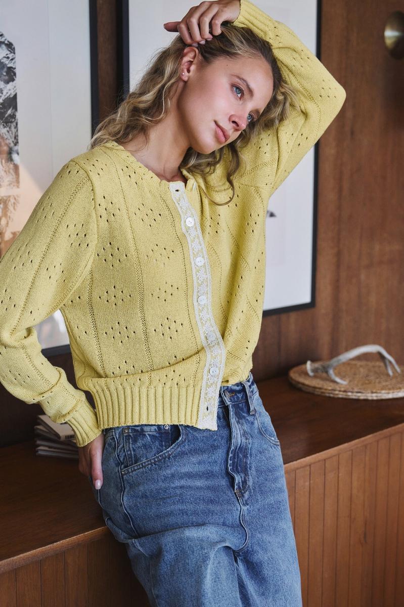 Urban Daizy - Pointelle Knit Cardigan Lace Trim Button Down in Yellow Kiwi