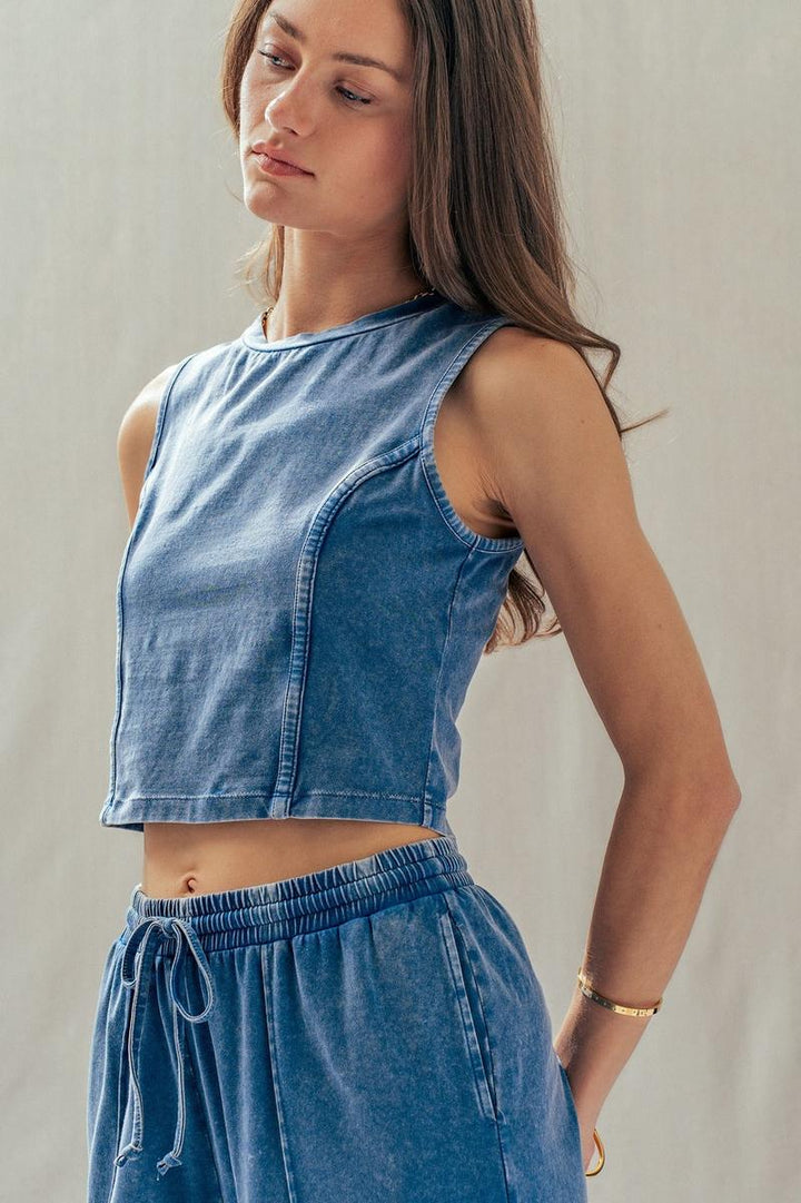 Urban Daizy - Mineral Wash Cotton Crop Tank & Wide Leg Pant Set in Navy