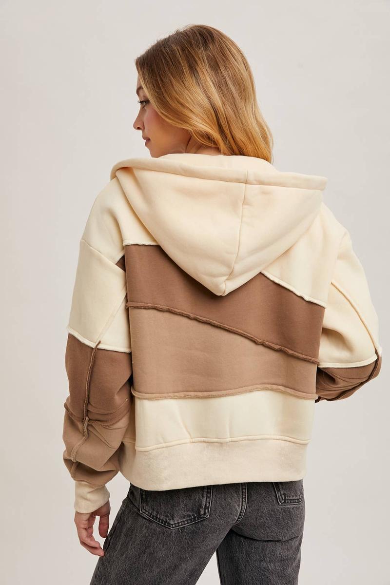 Bluivy - Zipper Front Patchwork Landscape Hoodie in Mocha Combo