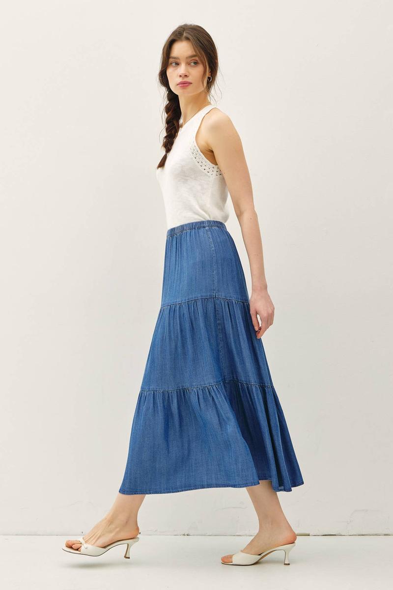 Be Cool - Denim Look Tencel Tiered Maxi Skirt in Medium Wash