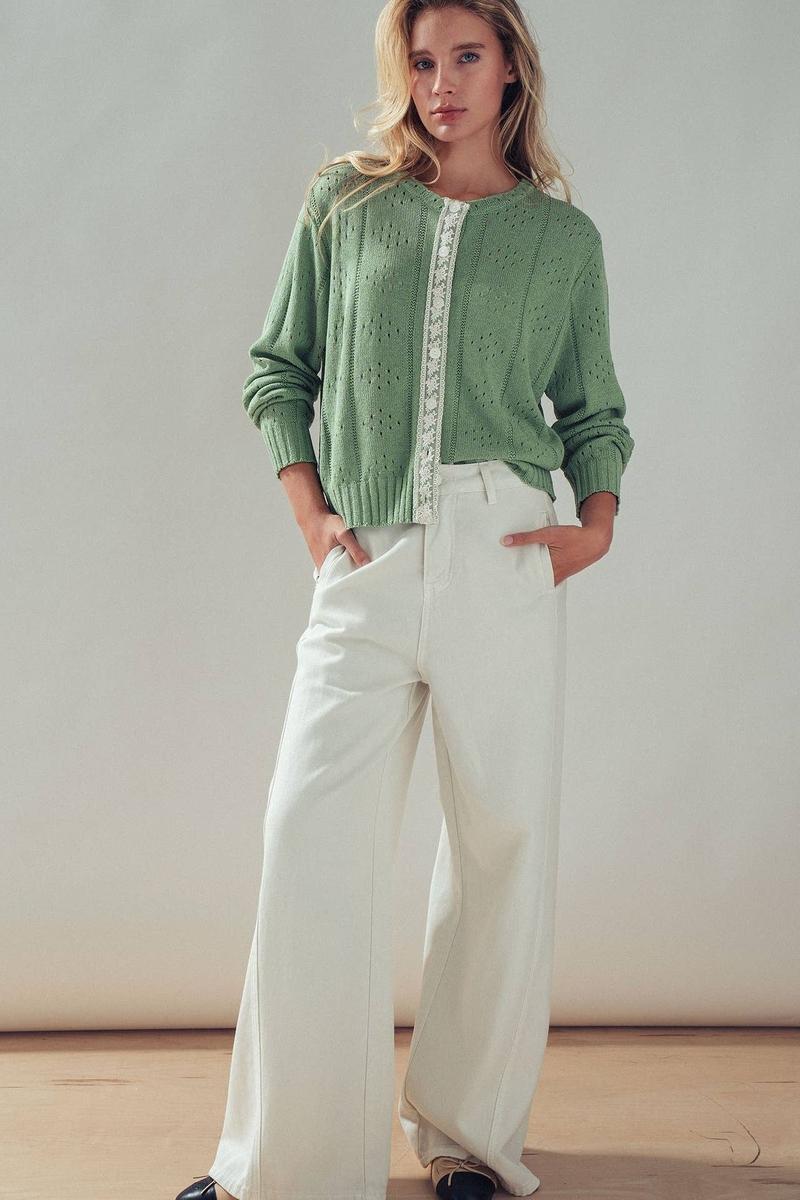 Urban Daizy - Pointelle Knit Cardigan Lace Trim Button Down in Green