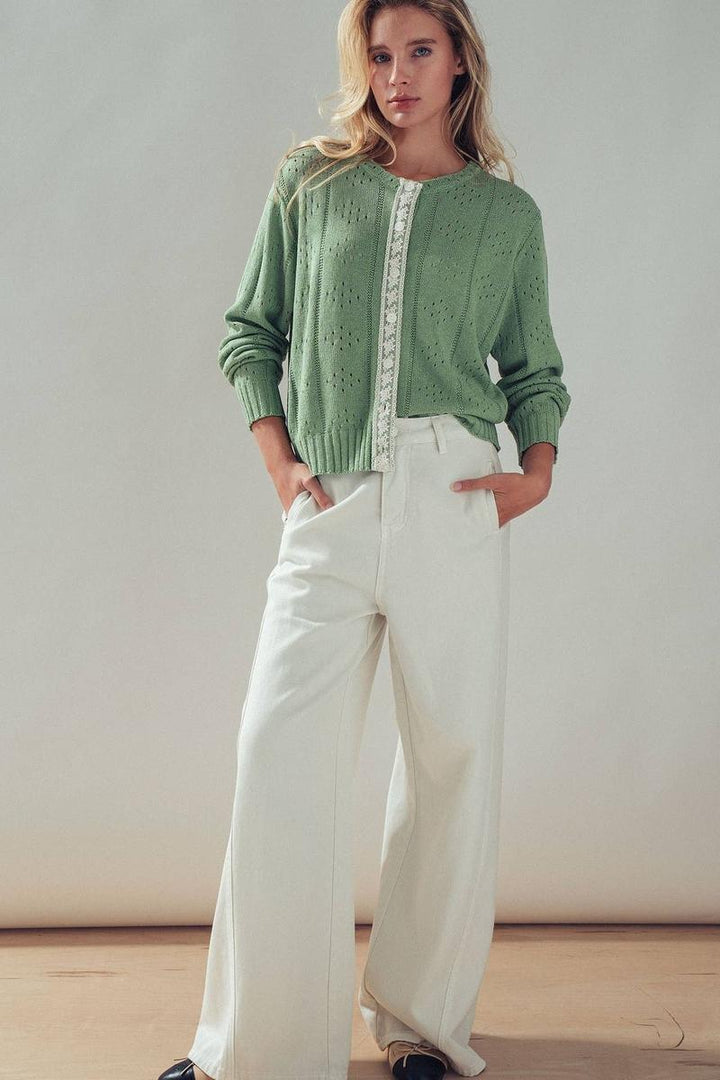 Urban Daizy - Pointelle Knit Cardigan Lace Trim Button Down in Green