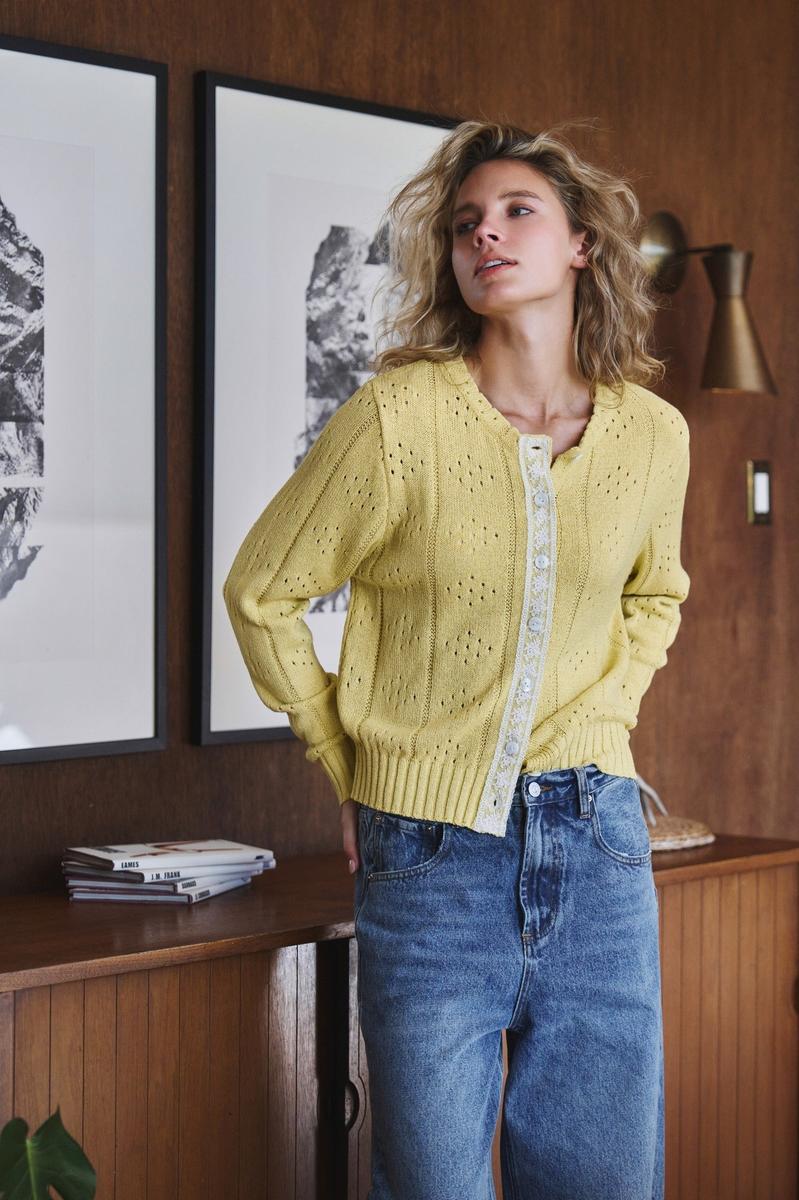 Urban Daizy - Pointelle Knit Cardigan Lace Trim Button Down in Yellow Kiwi