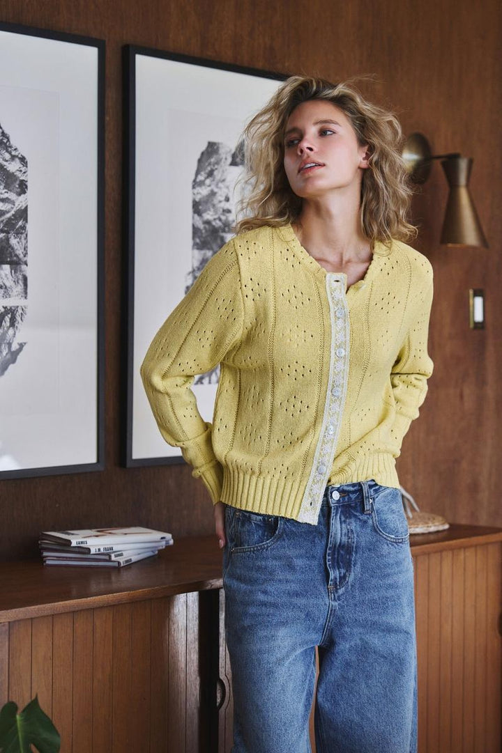 Urban Daizy - Pointelle Knit Cardigan Lace Trim Button Down in Yellow Kiwi