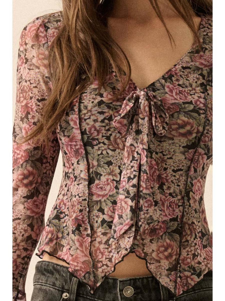 Promesa USA - Floral-Print Mesh Tie-Neck Bell-Sleeve Top in Black