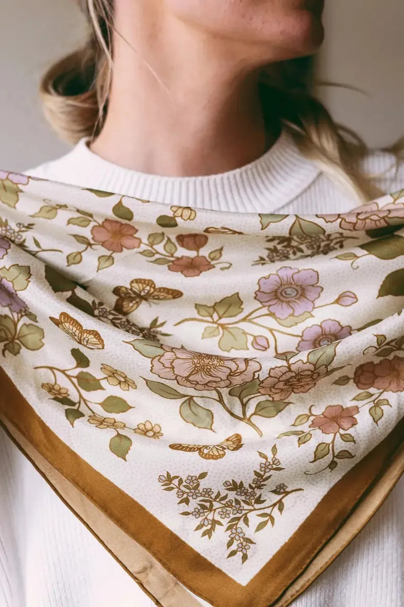 Flora West Design - 100% Silk Bandana Western Floral & Butterfly