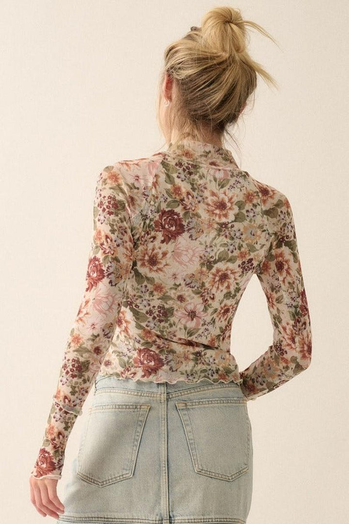 Promesa USA - Floral Mesh Lettuce-Edge Thumbhole High-Neck Top in Cream