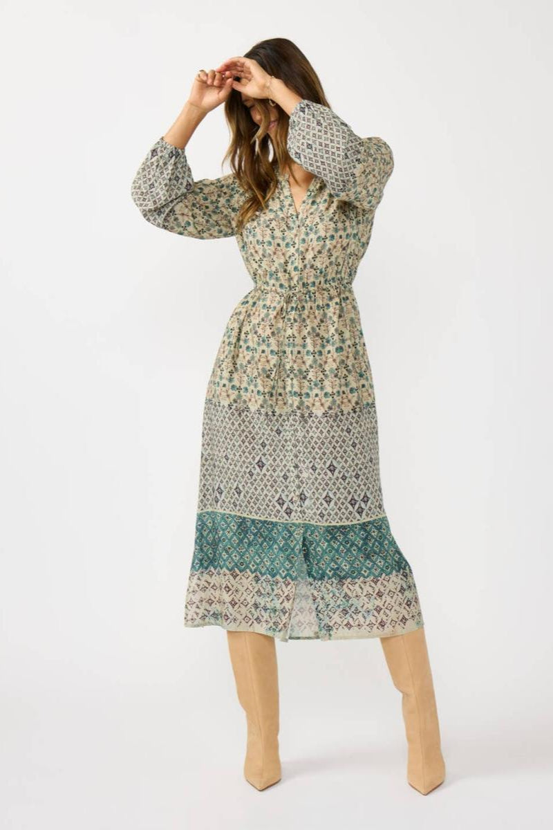 Lovestitch - Border Print Button Down Midi Dress in Dusty Teal