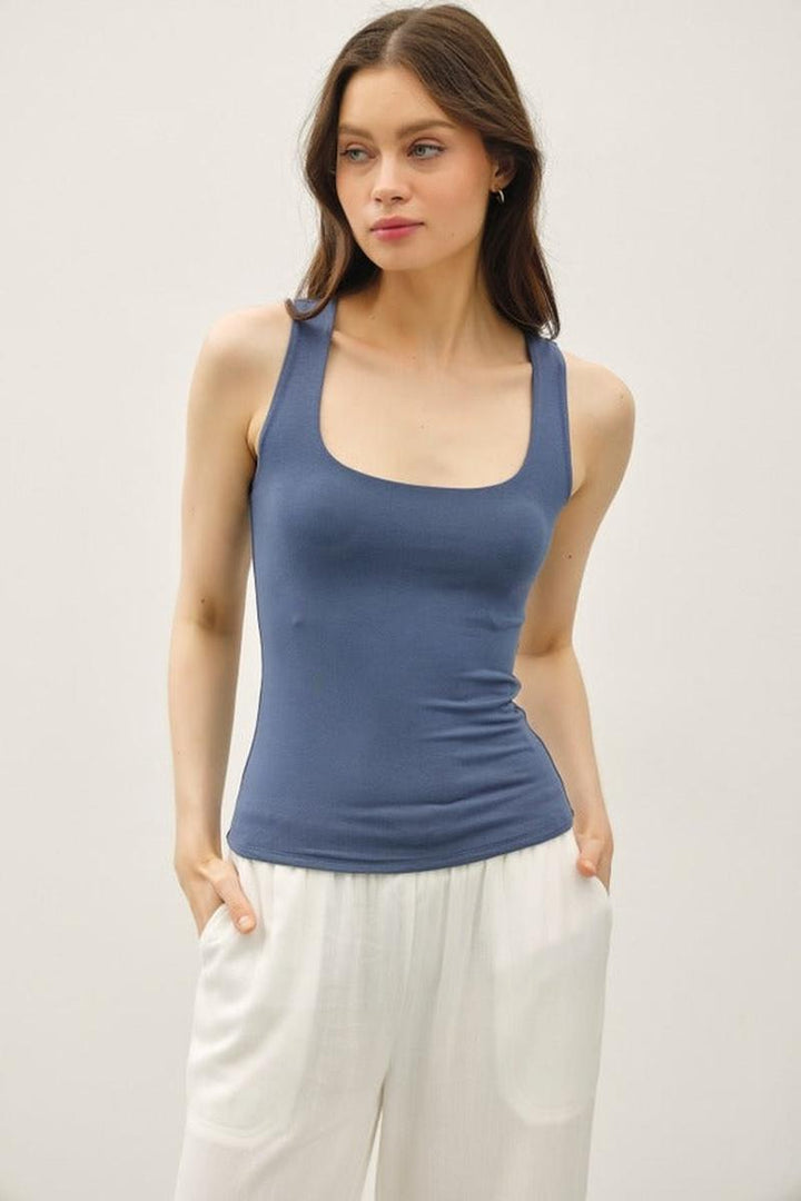Be Cool - Restock-Soft Core-Double Lined Basic Square Neck Tank in Teal