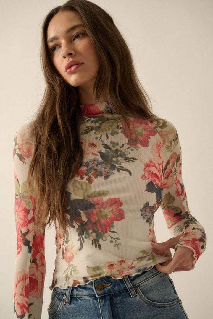 Promesa USA - Floral-Print Mesh Mock-Neck Thumbhole Top in Cream