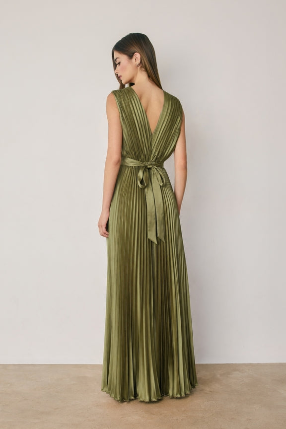 Dress Forum - Pleated Satin V-Neck Maxi Dress