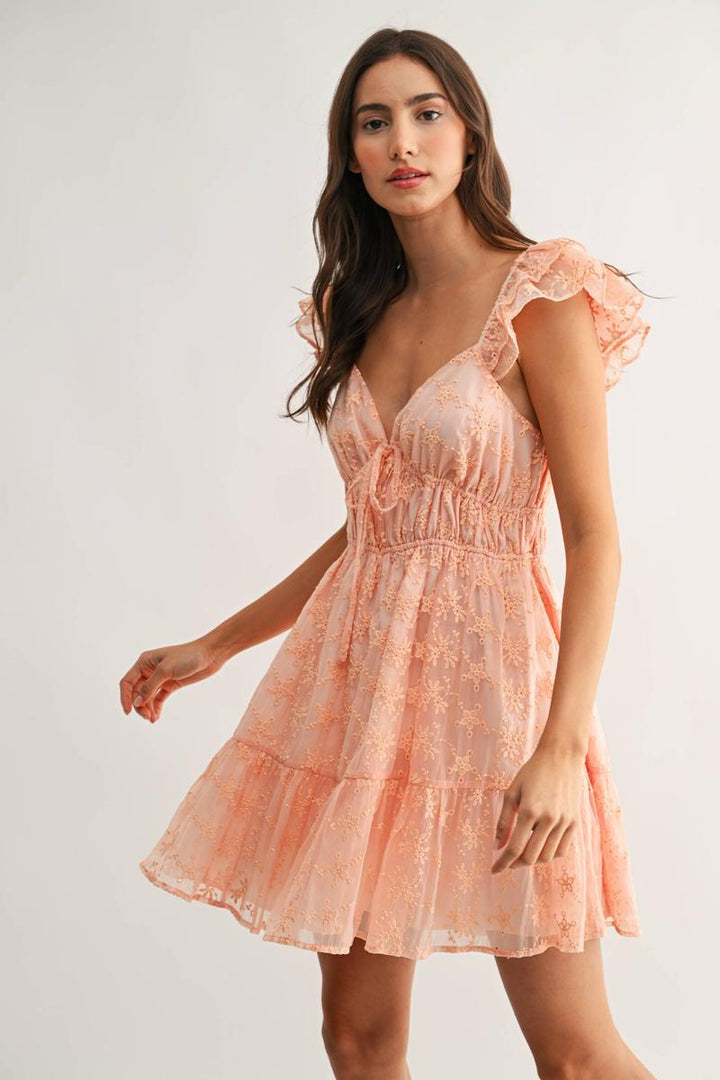 Camellia - Chiffon Flutter Embroidered Sleeve Mini Dress in Coral