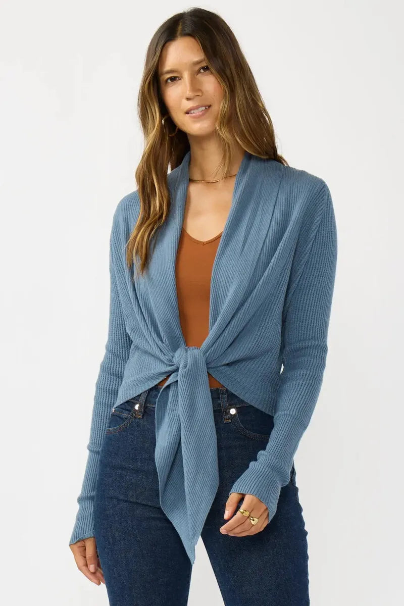 Lovestitch - Waffle Knit Long Sleeve Tie Front Cardigan in Heather Ocean