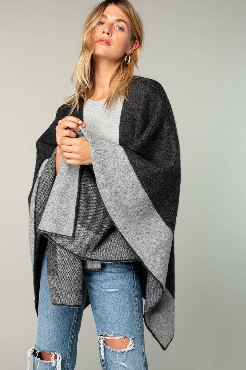 Lovestitch - Relaxed Color Block Cape Cardigan Poncho in Charcoal