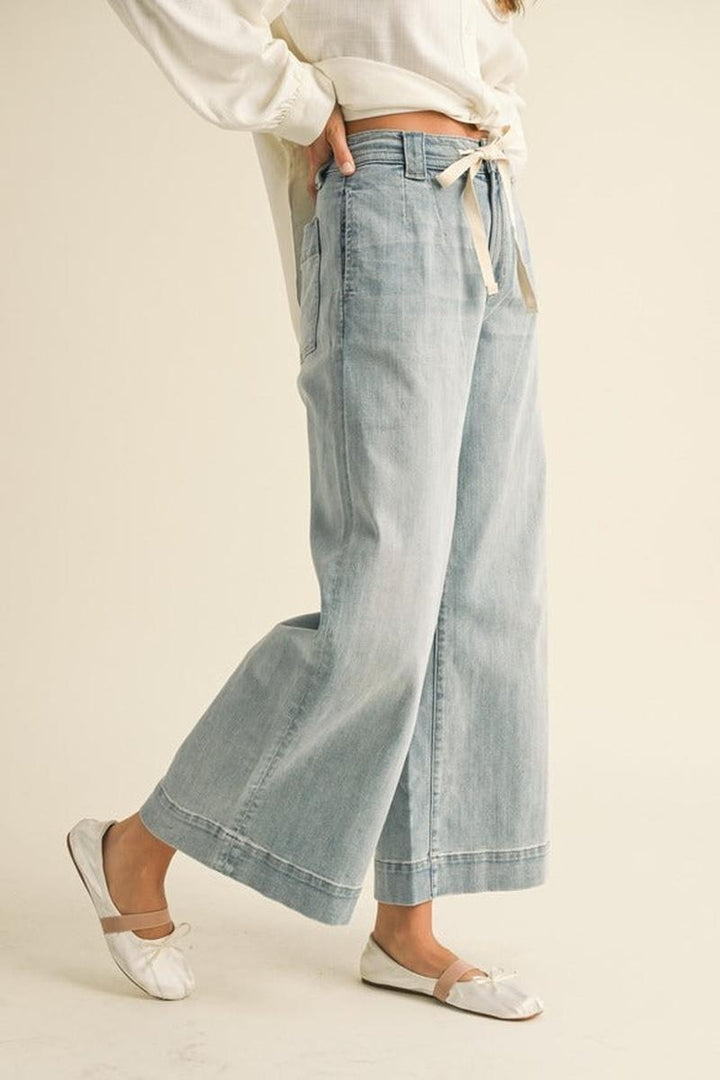 MIOU MUSE - Washed Denim with Tie Front Pants in Denim