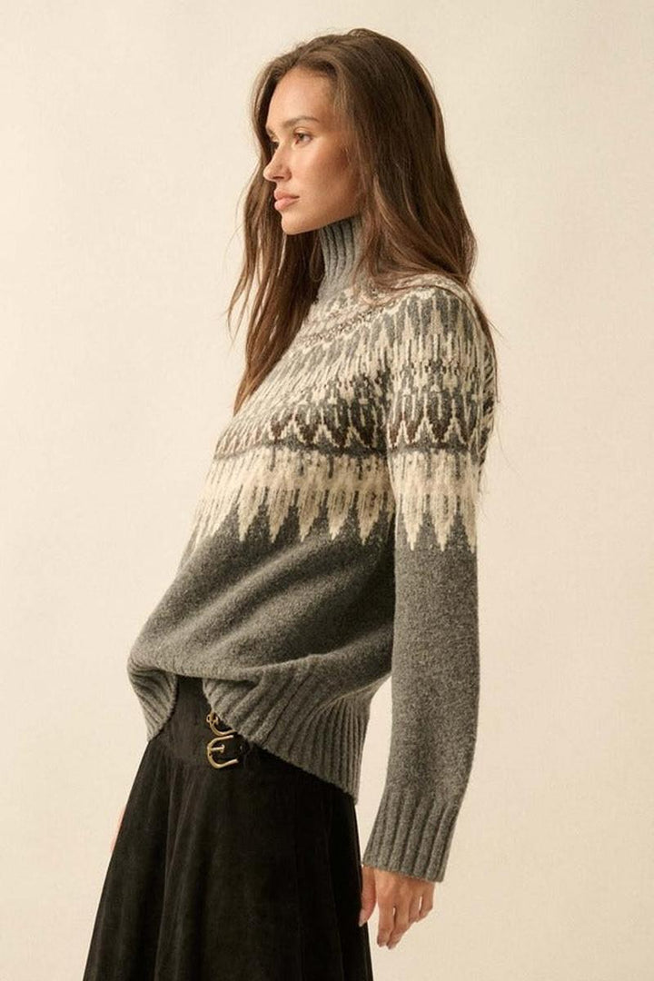 Promesa USA - Fair Isle Knit Mock-Neck Sweater in Charcoal