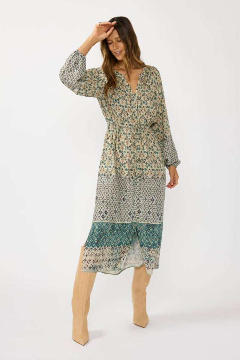 Lovestitch - Border Print Button Down Midi Dress in Dusty Teal