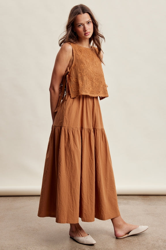 Listicle - Embroidered Lace Vest & Sleeveless Midi Dress Set