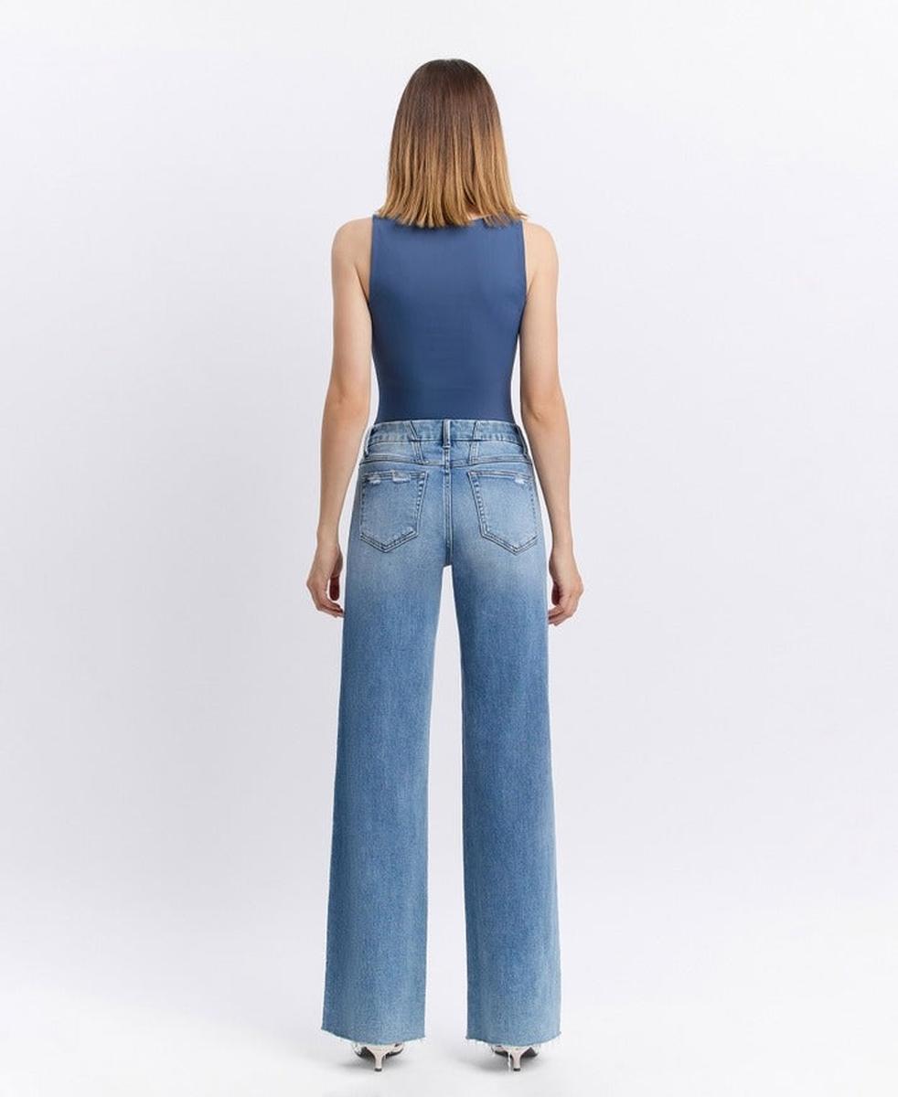 VERVET by FLYING MONKEY - Mid Rise Clean Cut Raw Hem Wide Leg Jeans in Vouchsafe