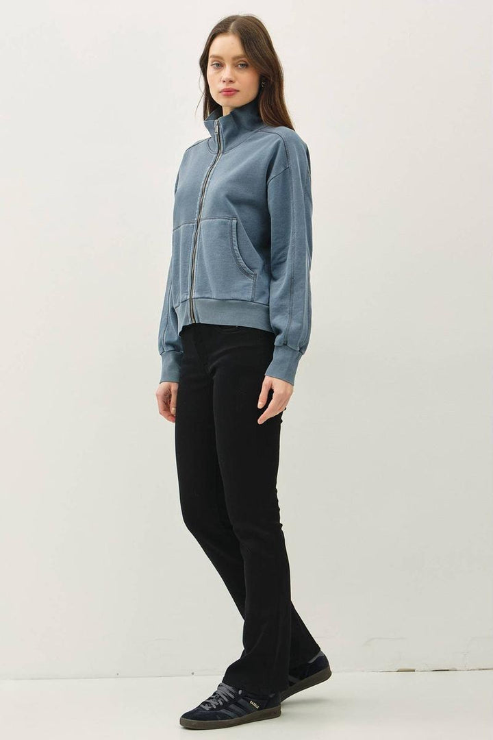 Be Cool. - Acid Wash High Collar Zip Up Sweatshirt in Teal
