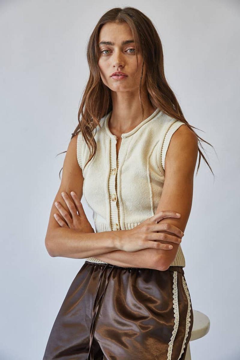 Creamon - Natural Roll Up Neck Sweater Vest Top