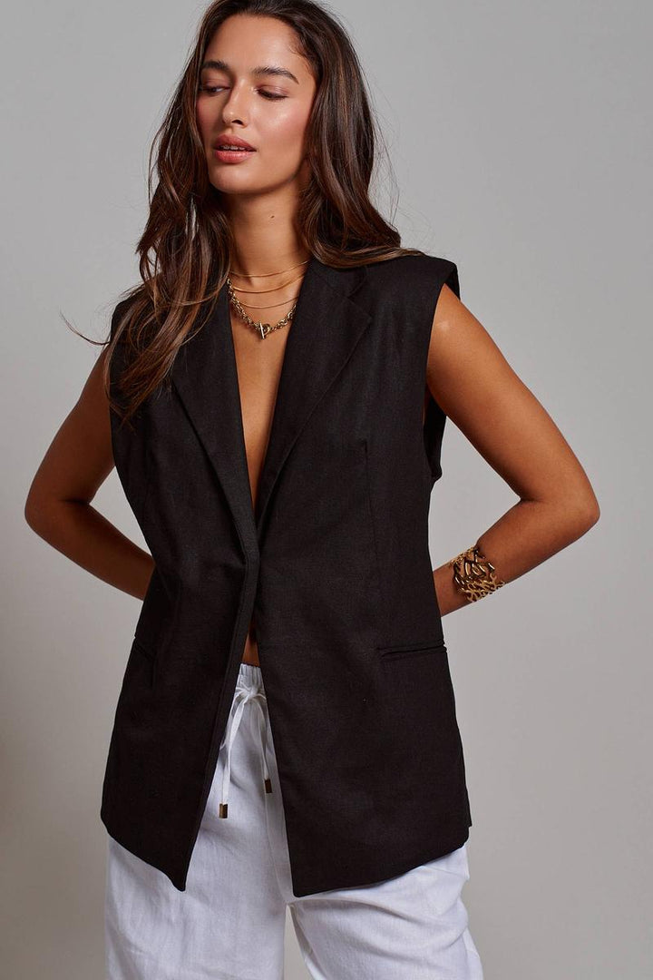 Urban Daizy - Linen Blend Tailored Notched Lapel Vest