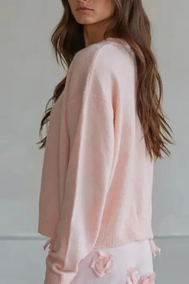 By Together - Knit Sweater Crew Neck Cardigan in Light Pink