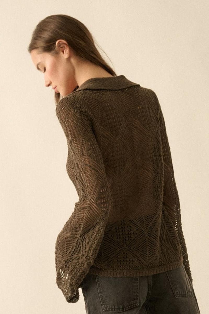 Promesa USA - Solid Geometric-Pointelle Bell-Sleeve Cardigan