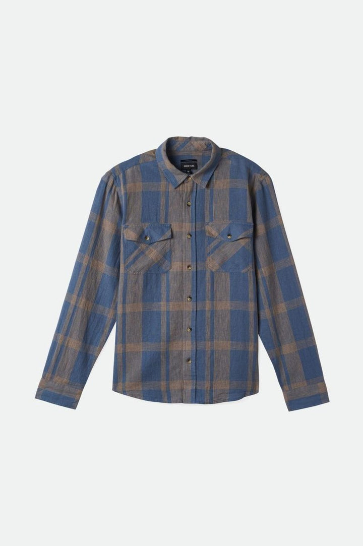 Brixton - Memphis Linen Blend Long Sleeve Shirt in Flint Stone Blue/Sand