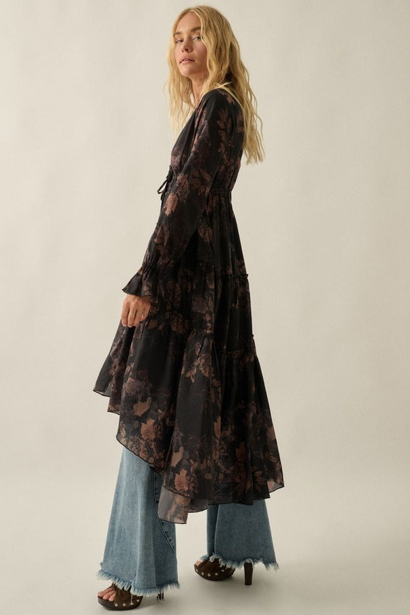 Promesa USA - Floral Chiffon Ruffled Trumpet-Sleeve High-Low Midi Dress