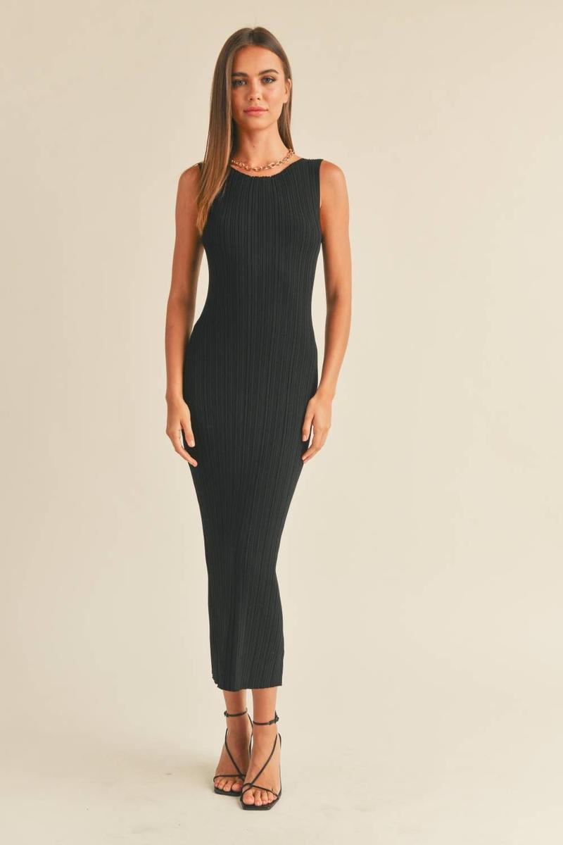 Miou Muse - Striped Rib Knit Midi Dress in Black