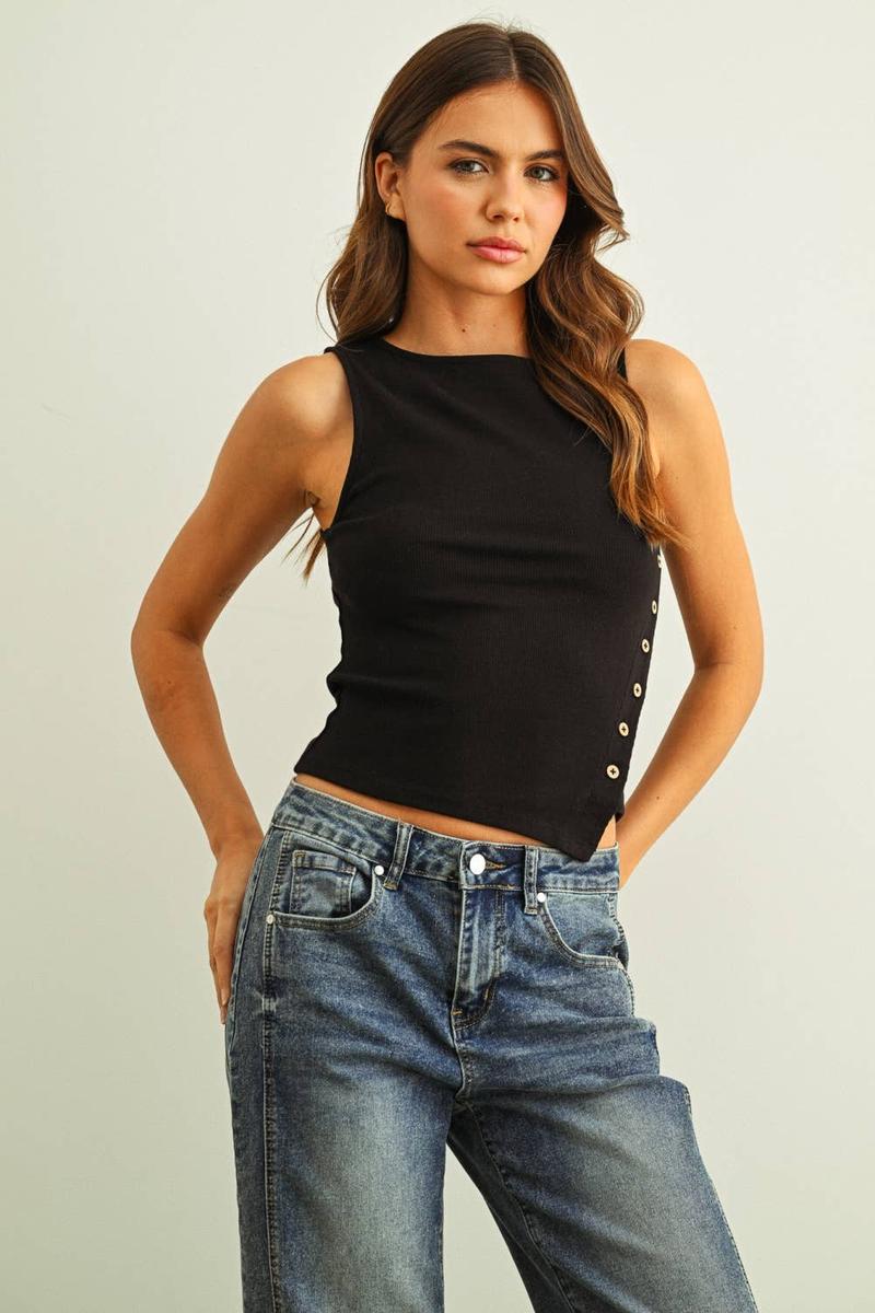 Miou Muse - Ribbed Tank with Button Side Detail